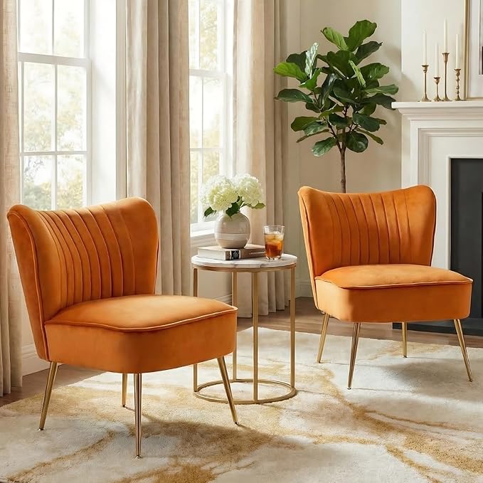 DUOMAY Modern Accent Chair Set of 2 Velvet Slipper Chair with Gold Legs Wingback Side Chair for Living Room Bedroom Entryway Small Corner Chair for Space Saving, Orange