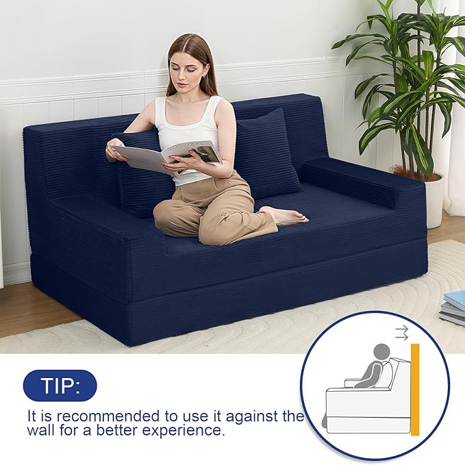 MeMoreCool Corduroy Boneless Sofa Bed Queen – Folding Futon Couch with High-Density Foam, Convertible Floor Sleeper & Pillow, Machine-Washable Cover for Guest Room, Bedroom, Small Apartment