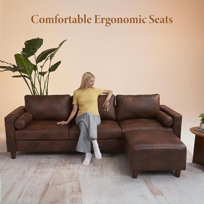 Vesgantti 100" L Shaped Faux Leather Couch with Movable Ottoman, 3 Seater PU Leather Sectional Sofa with Side Pocket, Mid Century Modern Modular Couch for Living Room, Bedroom, Chocolate