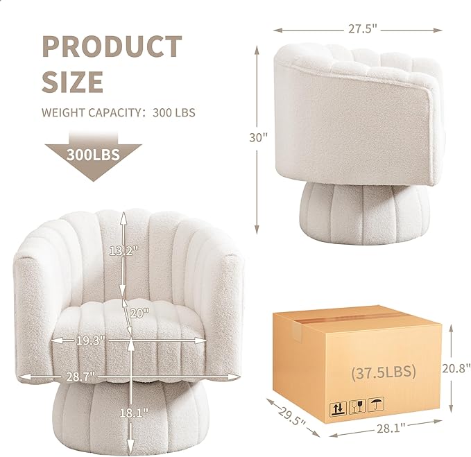 Swivel Accent Barrel Chair - Cute Comfy Small Round 360° Arm Chair Velvet Sofa Club Reading Chair for Living Room Bedroom Office White