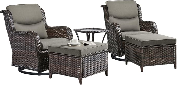Rilyson Wicker Patio Furniture Set - 5 Piece Rattan Outdoor Sectional Conversation Sets with 2 Swivel Rocking Chairs,2 Ottomans and 1 Side Table for Porch Deck Garden(Brown/Grey/Smile)