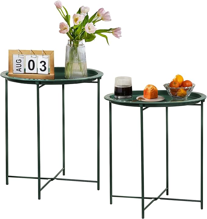 VECELO Side/End Table, Folding Round Metal Anti-Rust and Waterproof Outdoor or Indoor Tray for Living Room Bedroom Balcony and Office, 2 PCS, Dark Green by VECELO
