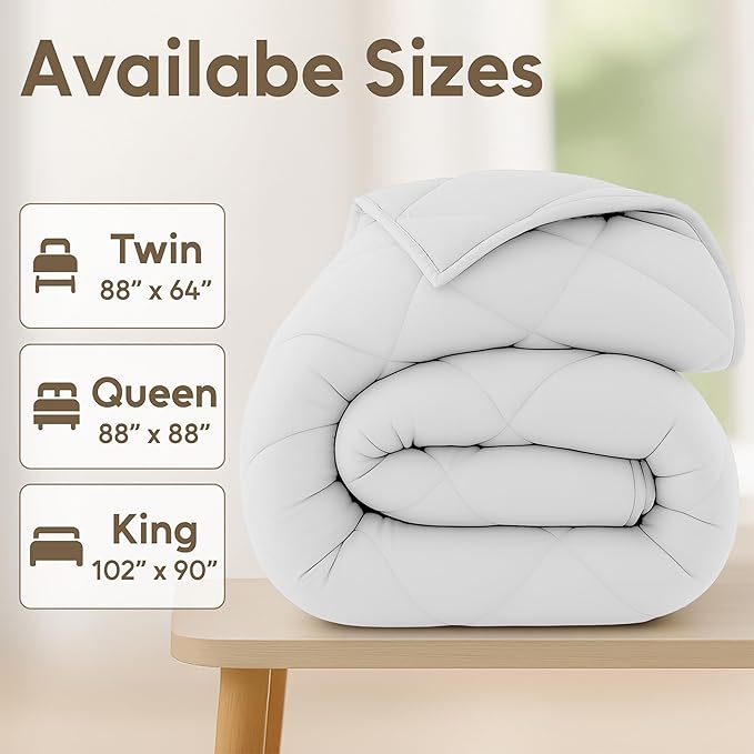 LUX Décor Lightweight Comforter Queen Size - Soft Breathable Down Alternative Diamond Stitched, All Season White Comforter with Double Stitched Piping, Oeko-TEX