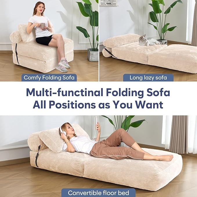 SHOUREN Folding Sofa Bed,Convertible Sleeper Chair Bed with Pillow,Foldable Futon Couch Mattress with Back Support,Portable Lazy Floor Sofa Lounger, Beige, Single