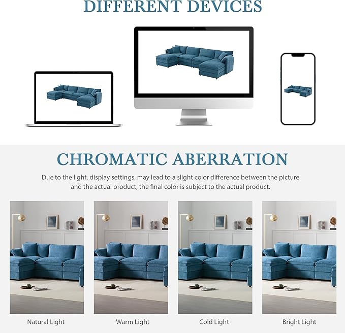 Merax 136" U-Shaped Chenille Modular Sectional Sofa, Oversized Cloud Couch Set with Double Cushions, 6-Seat with Movable Ottomans, Deep & Wide Seating, Blue