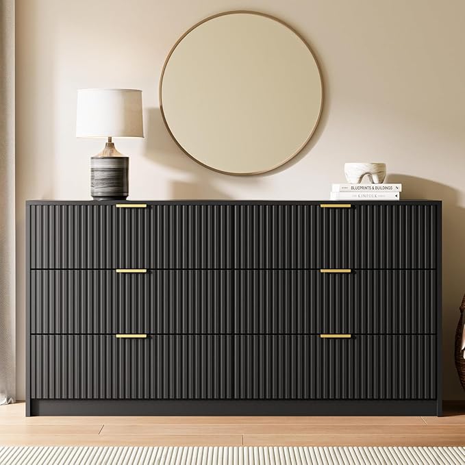 MAISONARIA 3-Piece Dresser Bedroom Set, 6 Drawer Dresser & 3 Drawer Nightstands with Gold Handles, Fluted Wood Chest of Drawers for Bedroom, Living Room, Entryway, Black
