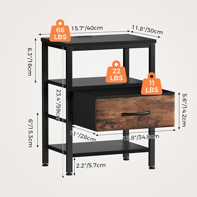 OLIXIS Nightstands Set of 2 with Charging Station, Bedside Tables with USB Ports and Fabric Drawer, Small Night Stand with Open Adjustable Shelf, Compact End Table for Bedroom, Black & Rust - Image 3