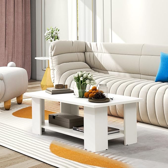 GOFLAME Coffee Table with Storage, Modern Sofa Side Center Table for Small Space, Accent TV Stand for Living Room, Reception Room & Dining Room, Easy Assembly, White