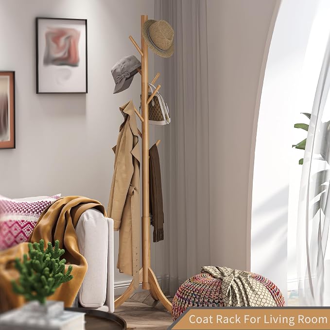 Coat Rack Freestanding, Coat Stands Entryway, Bamboo Coat Rack Hat Hanger 8 Hook for Jacket, Purse, Scarf Rack, Umbrella Tree Stand (Natural) - Image 6