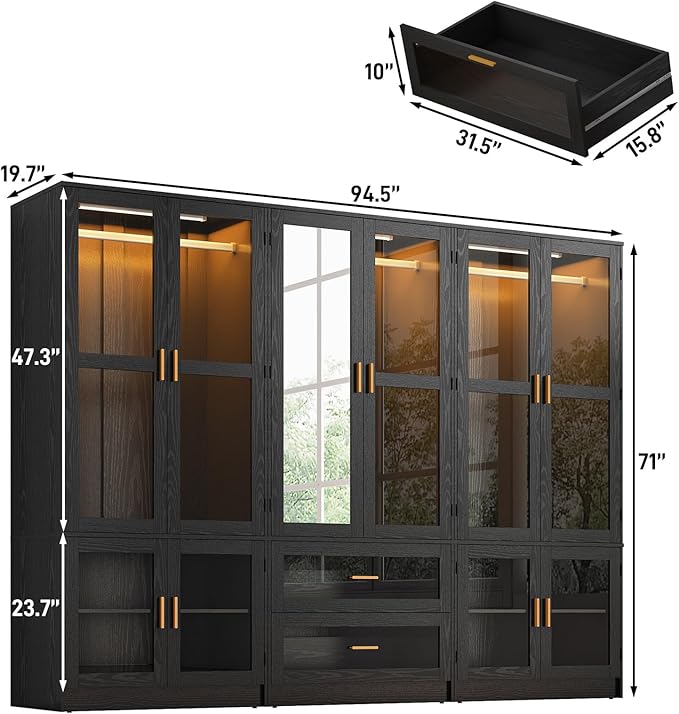 6 Doors Armoire Wardrobe Closet with LED and Mirror,71" H Freestanding Wooden Wardrobe Closet Cabinet for Bedroom w 2 Drawers,Wooden Clothing Storage Cabinet w Hanging Rod,Closets for Bedroom(Black)