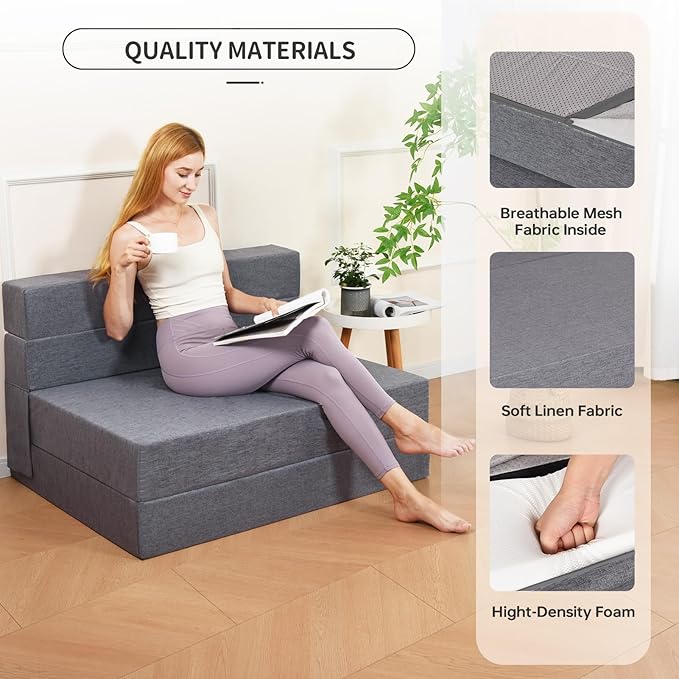 Folding Sofa Bed Twin Size, Foldable Sleeper Chair with 2 Pillows, Convertible Futon Sofa Bed with Washable Cover, Fold Out Couch for Living Room, Dorm, Guest Room, Standard Size, Light Grey