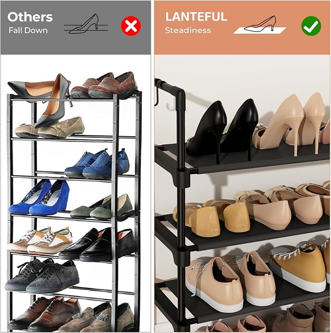 LANTEFUL 4 Tier Shoe Rack for Closet Shoe Organizer with 5 Hooks, Long Shoe Shelf Storage for Shoe and Boot Stackable Free Standing Shoe Rack for Entryway, Garage, Small Spaces, Dorm, Black - Image 6