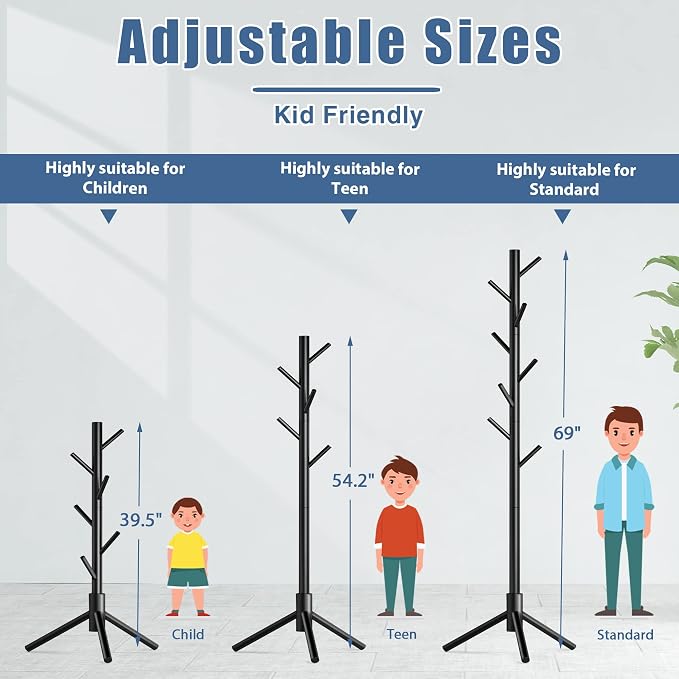Haddockway Wooden Coat Rack Stand with 8 Hooks New Zealand Pine 3 Adjustable Coat Standing Tree Easy Assembly for Coats, Hats, Scarves and Handbags for Entryway, Hallway, Bedroom, Office,2 PCS - Image 5