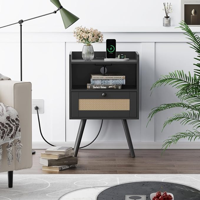 SUPERJARE Nightstand with Charging Station & Rattan-Like Decor Drawer, Rattan End Table with Solid Wood Feet, Bed Side Table with Open Storage, for Bedroom, Living Room, Dormitory - Black - Image 2