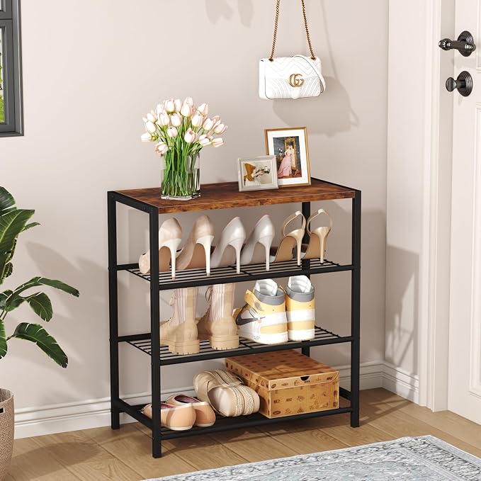 HOMEFORT 4-Tier Shoe Rack Organizer, Shoe Tower for Closet, Shoe Storage Shelf with MDF Top Board, Each Tier Fits 3 Pairs of Shoes, Entryway Shoes Organizer with Sturdy Metal Shelves, Rustic Brown - Image 2