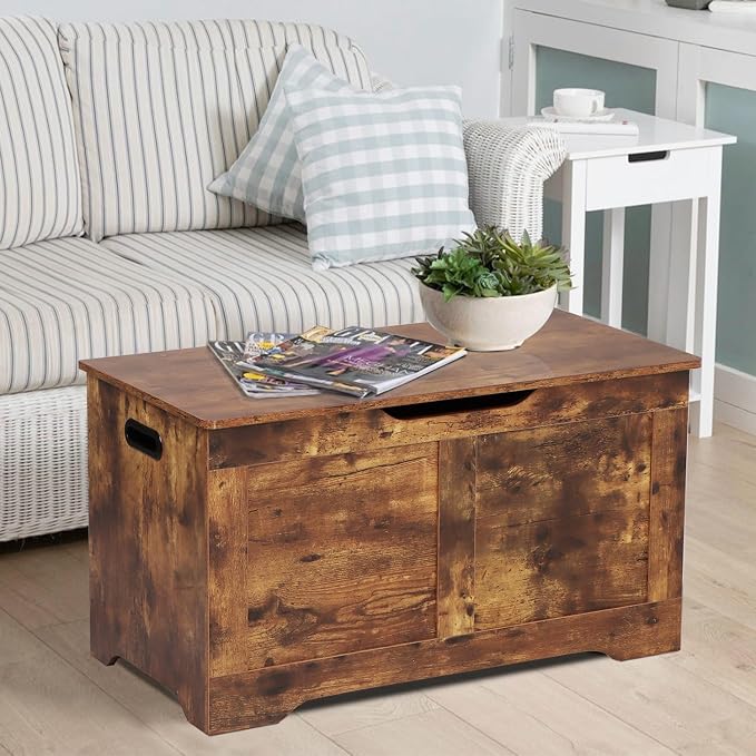 Timberer 31.5" Storage Chest, Wooden Storage Bench, Lift Top Toy Chest with 2 Safety Hinges, Large Toy Box, Entryway Shoes Bench for Living Room, Bedroom, Rustic Brown - Image 7
