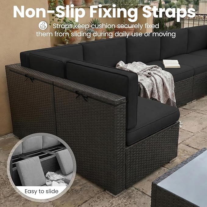 15 Pieces Patio Furniture Set with 44" Propane Gas Fire Pit Table, Outdoor Sectional Wicker Conversation Sofa Sets with Coffee Table