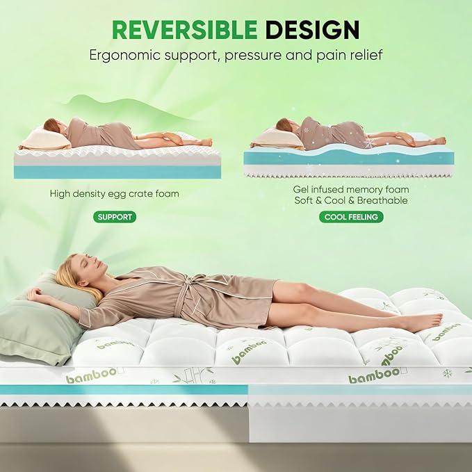 Queen Mattress Topper, 3 in 1 Memory Foam Mattress Topper for Back Pain, 2" Fluffy Cooling Mattress Toppers Queen Breathable Viscose Made from Bamboo and 2.5" Dual Firmness Gel Memory Foam.