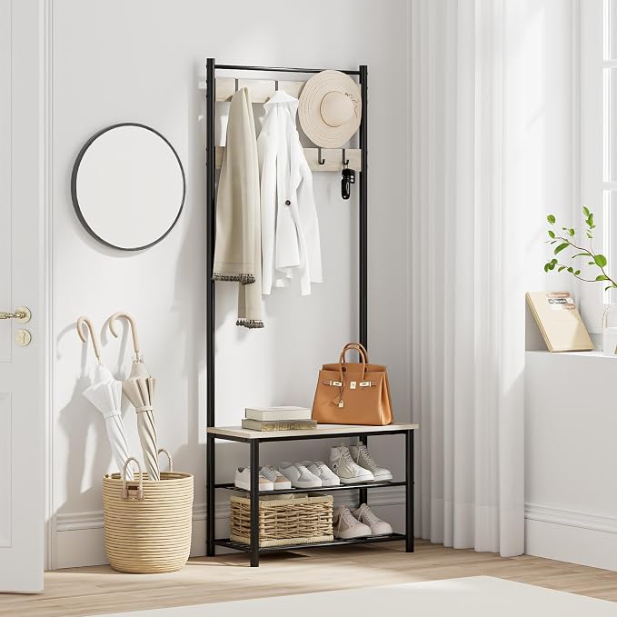 Hall Tree with Bench and Shoe Storage, 3-in-1 Coat Rack, Freestanding Wooden Coat Rack with Shoe Bench with Metal Frame, 3-Tier Storage Shelf and 9 Removable Hooks, Greige by AEPOALUA