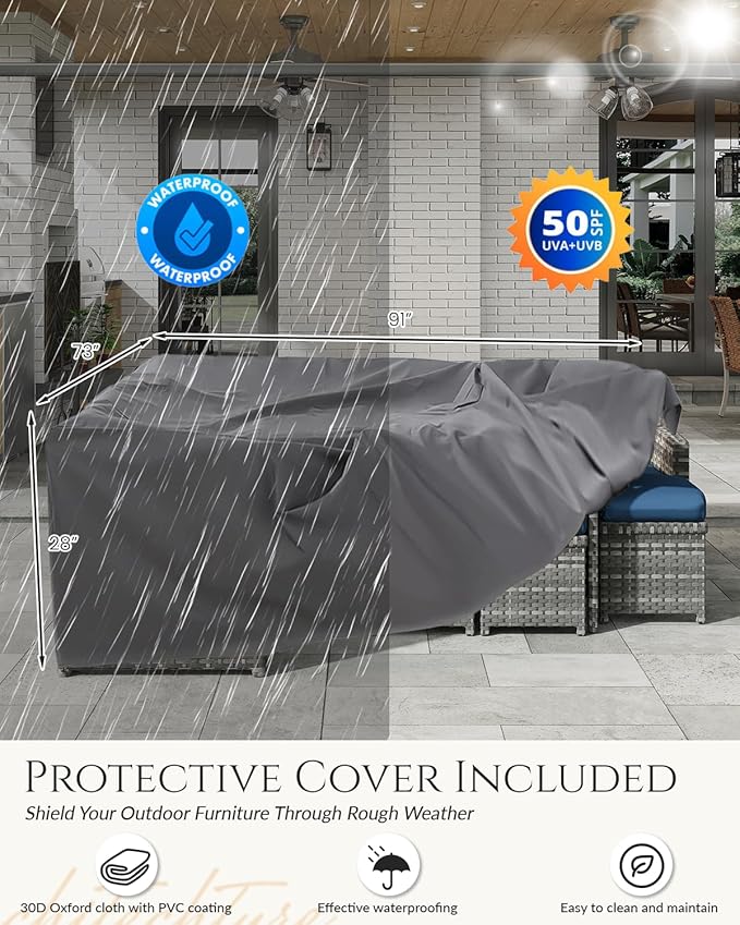 U-MAX 7 Pieces Patio Furniture Set with Waterproof Cover, Outdoor Sectional Sofa Conversation Set, All Weather Wicker Rattan Dining Table & Chair with Ottoman, Grey Rattan&Dark Blue Cushion