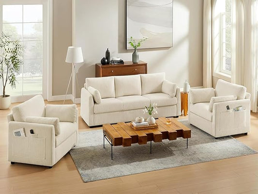 3 Pieces Corduroy Living Room Sofa Sets, 3-Seater Couch with Set of 2 Reading Armchairs, Comfy Pillows and Storage Pockets, Modern Living Room Furniture Sets for Apartment, Small Spaces, Beige