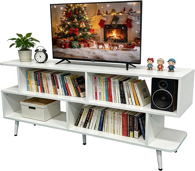 Lightdot 55 Inch TV Stand, up to 65 Inch TVs, Large Storage for Collection with 6 Open Shelves, Sturdy Media Console Table for Living Room/Entrance/Kitchen/Sofa Cabinet, Easy Assembly, White by LightdotLighting