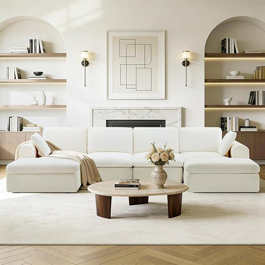 138" Boneless Cloud Couch Sectional No Assembly Required Modular Sofa with Deep Seat for Living Room U Shaped Couch with Ottoman Snowflake Fabric and Memory Sponge White