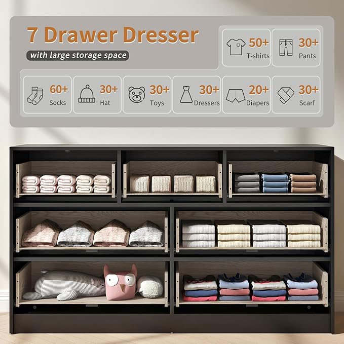 7 Drawer Dresser & Nightstand Set, 3-Piece Black Bedroom Dressers and Night Stand Set of 2 with Metal Handle, Fluted Modern Wood Chest of Drawers Storage Dressers Set for Bedroom, Black