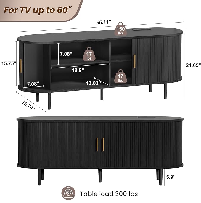 DHH 55 Inch Mid Century Modern TV Stand with Power Outlet for TVs up to 60 Inch, Entertainment Center with Storage and Adjustable Shelves, Media Console with Sliding Doors for Living Room(Black) - Image 2