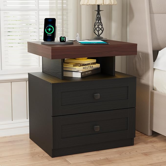MHOM Farmhouse LED Nightstand Set of 2, Wood Bedroom Side Table with Charging Station, Rustic End Table with Drawers for Bedroom, Antique Black - Image 4