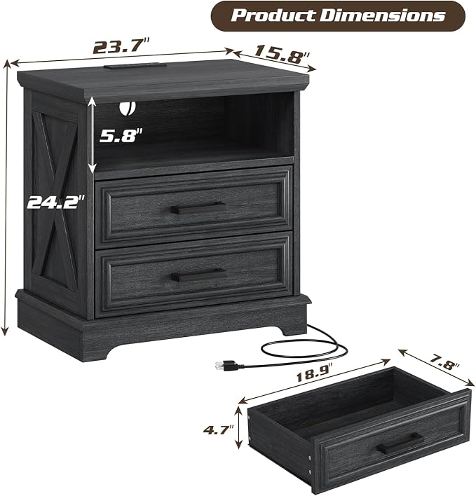 knoworld 24 Inch Wide Farmhouse Nightstands with Charging Station, Dark Gray Nightstand with 2 Large Drawers, Rustic Wood End Table for Bedroom - Image 2