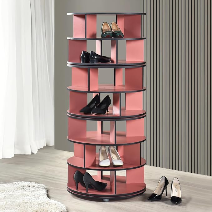 Kings Brand Furniture - 7-Tier Rotating Shoe Rack, 360° Revolving Lazy Susan Spinning Shoe Rack Tower Storage Organizer for Closet Entryway Bedroom Hallway, Red by KingsBrandFurniture