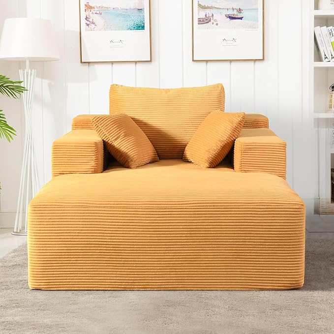 Monroe Convertible Chaise Lounge Chair Indoor – Oversized Corduroy Couch with Wide Armrest & Throw Pillows, Cozy Boneless Sleeper Sofa Bed Armchair, Ginger Yellow