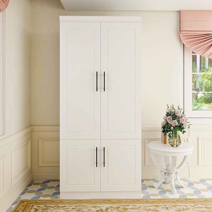 Armoire Wardrobe with Mirror, Bedroom Armoire Cabinet with Storage, Wood Closet with Hanging Rod (White - 52)