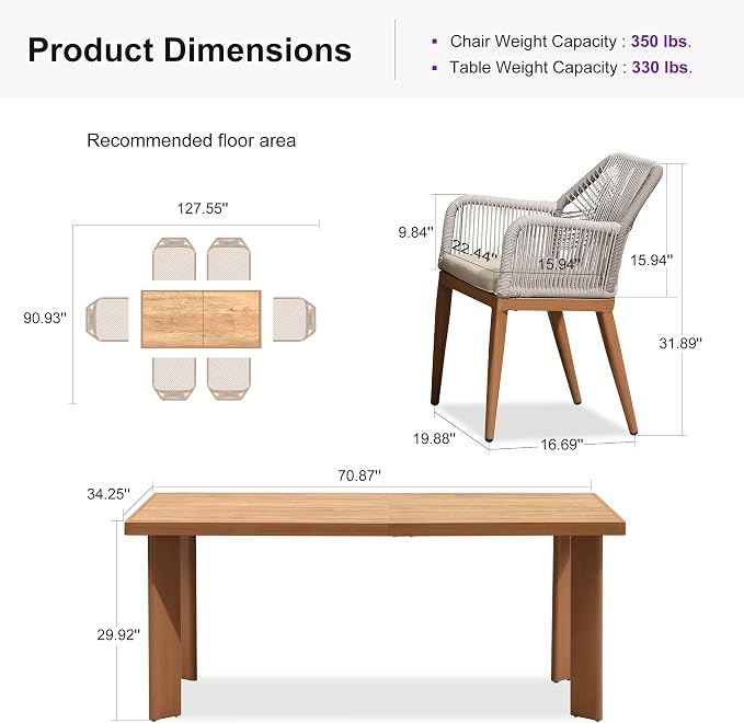 PURPLE LEAF 7 Pieces Patio Dining Set Aluminum Rectangular Table and Rattan Arm Chairs with Cushions for Kitchen Porch Garden Modern Outdoor Furniture Sets - Image 9