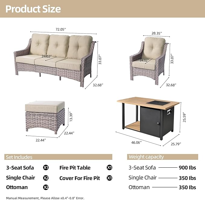 HOOOWOOO 6 Piece Patio Furniture Sets with Fire Pit Table,Outdoor Wicker Furniture Set,All Weather Resistant Outside High Back Rattan Conversation Set for Out Door(Beige Tan)