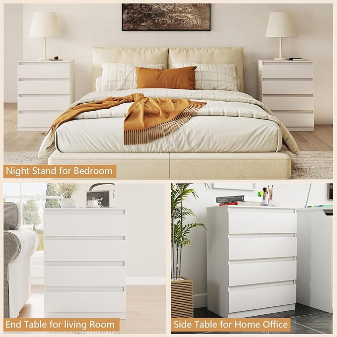 White Nightstand with 4 Drawers,Modern 32'' Tall Bedside Table with Storage for Bedroom,End Side Table with No-Handle Design for Living Room - Image 6