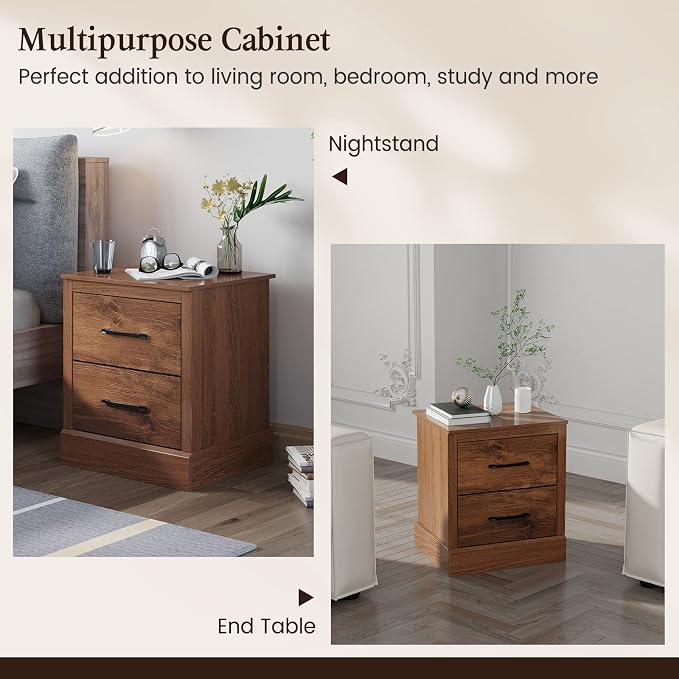 Giantex Farmhouse Nightstand, Wood Bedside Table with 2 Storage Drawers, Compact Floor Night Stand End Table, Walnut Accent Sofa Side Table for Bedroom - Image 7