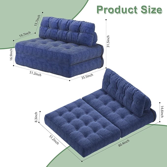 GarveeHome Folding Sofa Bed, Floor Folding Couch with Pillow, Futon Sofa Bed Convertible Sleeper Chair Foldable Mattress Back Support, Portable Fold Out Couch, Full, Corduroy, Dark Blue