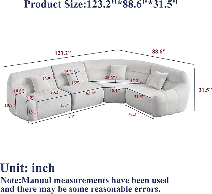 123-Inch Oversized Modular Compressed Sectional Couches 4 Pieces Modular Boneless Sofas with 4 Pillows,Modern Minimalist Corner Cloud Sofa Comfy Chenille Deep Seat Foam Couch