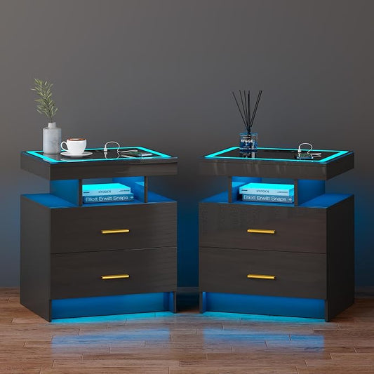 LED Nightstand Set of 2 with Charging Station, Smart Night Stand with 2 Drawers, 3 Color Dimmable Light High-Gloss Beside Table with USB Type-C Port Bedroom Black by JDPAG