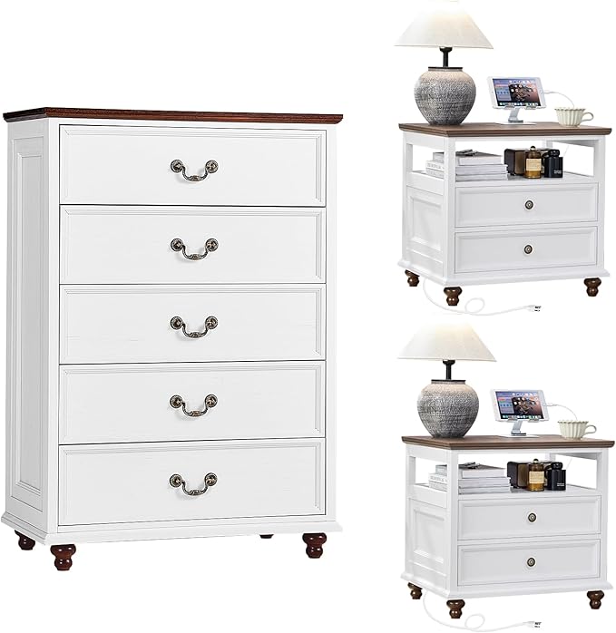 Joaxswe 24" Wide Farmhouse Nightstand with Charging Station Set of 2, 45" Tall Rustic Chests of 5 Drawers w/ 4 Solid Wood Feet, Farmhouse Furniture Series for Living Room,Bedroom,White