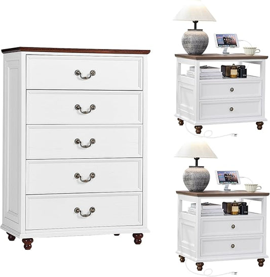 Joaxswe 24" Wide Farmhouse Nightstand with Charging Station Set of 2, 45" Tall Rustic Chests of 5 Drawers w/ 4 Solid Wood Feet, Farmhouse Furniture Series for Living Room,Bedroom,White