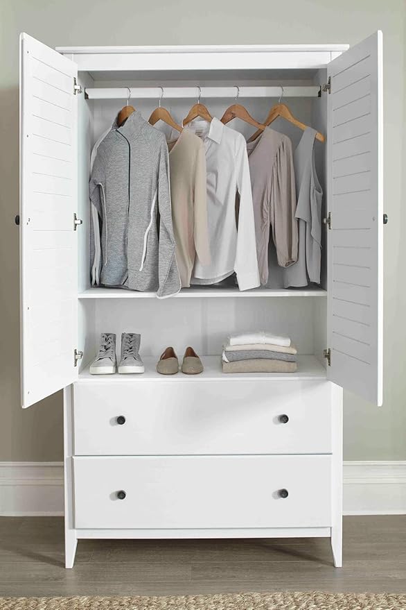 Grain Wood Furniture Greenport 2-Door Wardrobe, Solid Wood with a Brushed White Finish