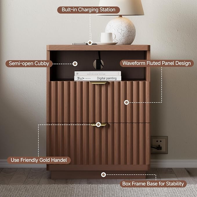 Nightstand with Charging Station, Night Stand with Open Shelf and 2 Drawers for Bedroom, Side Table Bedside Table with USB Ports & Outlets, Small Nightstand End Table (Walmut) - Image 5