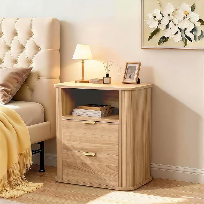 SoarFlash 2PCS Nightstand, Wooden Nightstand Set of 2 with 2 Drawers Storage, Curved Profile Design, Rustic Style for Bedroom, Light Oak by SoarFlash