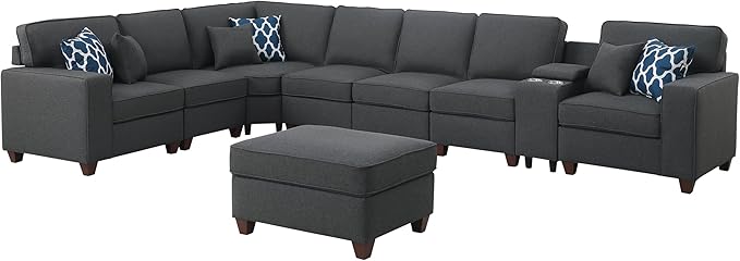 ERYE 151-Inch U-Shaped Sectional Sofa Linen Upholstered Corner Convertible Sectional,9 PCS Modular Couch with Ottoman,Storage Console, Cupholders and Charging Station