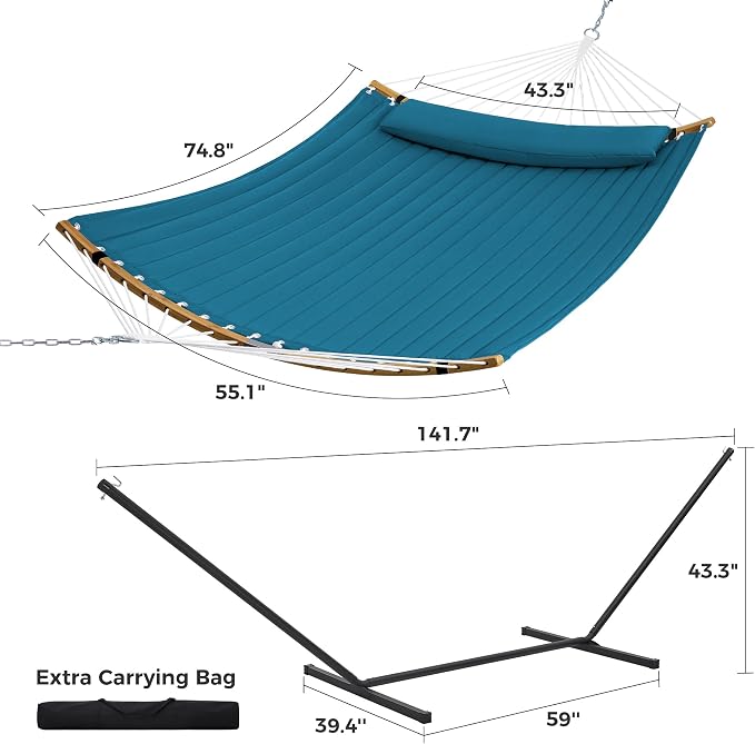 SUPERJARE Curved-Bar Hammock with Stand, 2 Person Heavy Duty Hammock Frame, Detachable Pillow & Portable Carrying Bag, Perfect for Outdoor & Indoor, Peacock Blue - Image 8