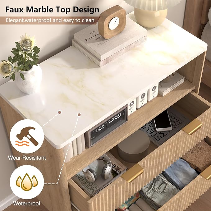 Fluted Nightstand Set of 2, Mid Century Modern Wood Bedside Table with 2 Big Drawers and Faux Marble Top, Natural Oak End Tables for Bedroom or Living Room, 31.5 x 15.8 x 31.5in - Image 4