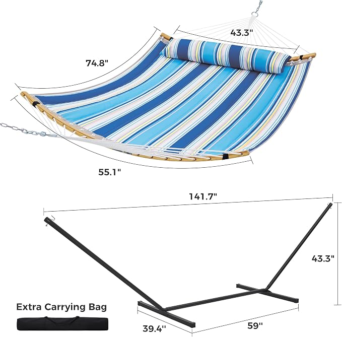 SUPERJARE Curved-Bar Hammock with Stand, 2 Person Heavy Duty Hammock Frame, Detachable Pillow & Portable Carrying Bag, Perfect for Outdoor & Indoor, Holiday Voyage Stripe - Image 8
